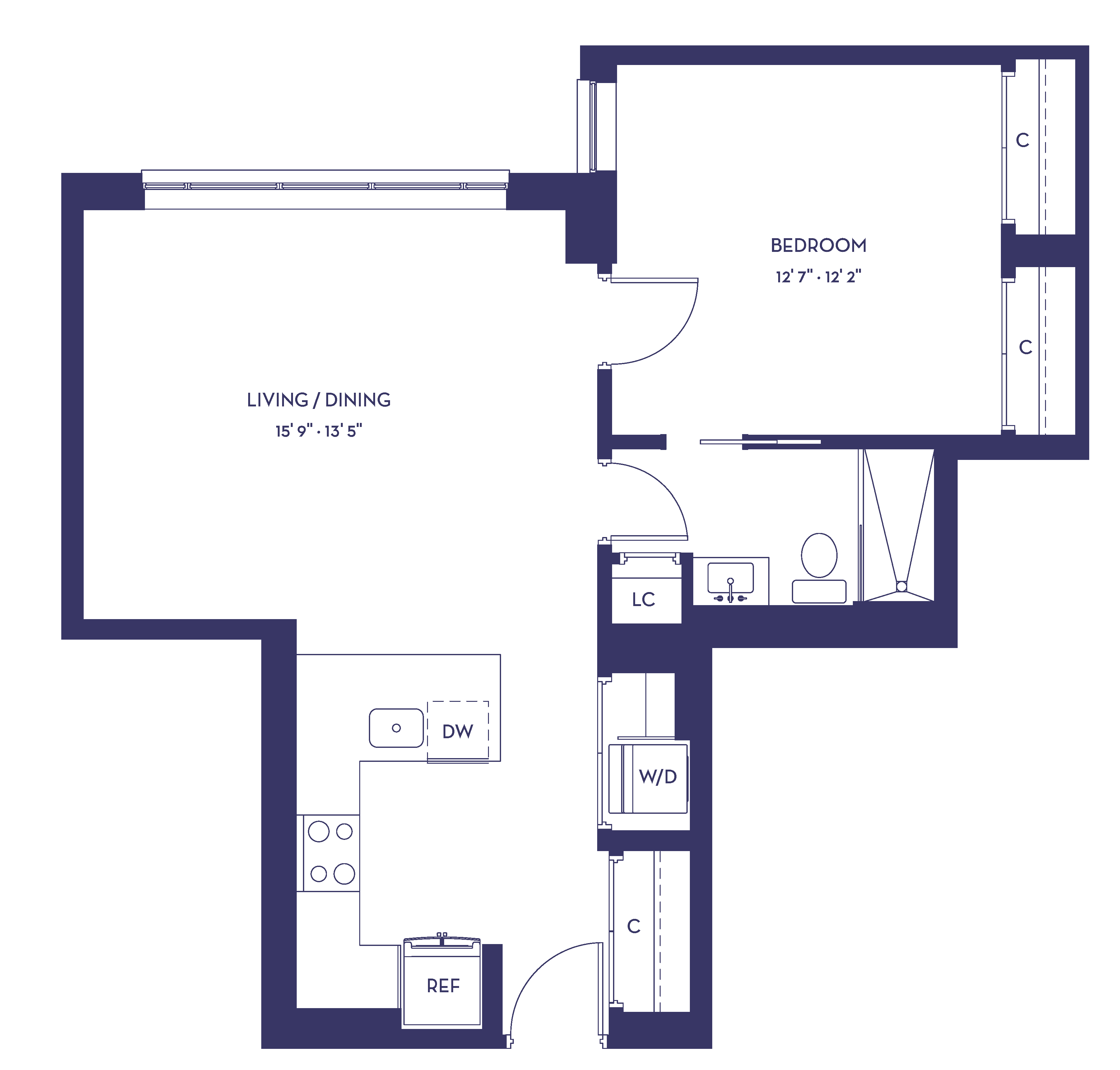 Floor plan for 1 bed, 1 bath, 653 sqft